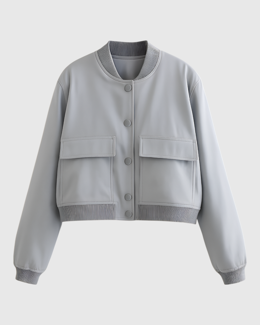 Gray Victoria bomber jacket by Lumina Wear featuring a sleek, timeless design and modern fit, shown on a model.