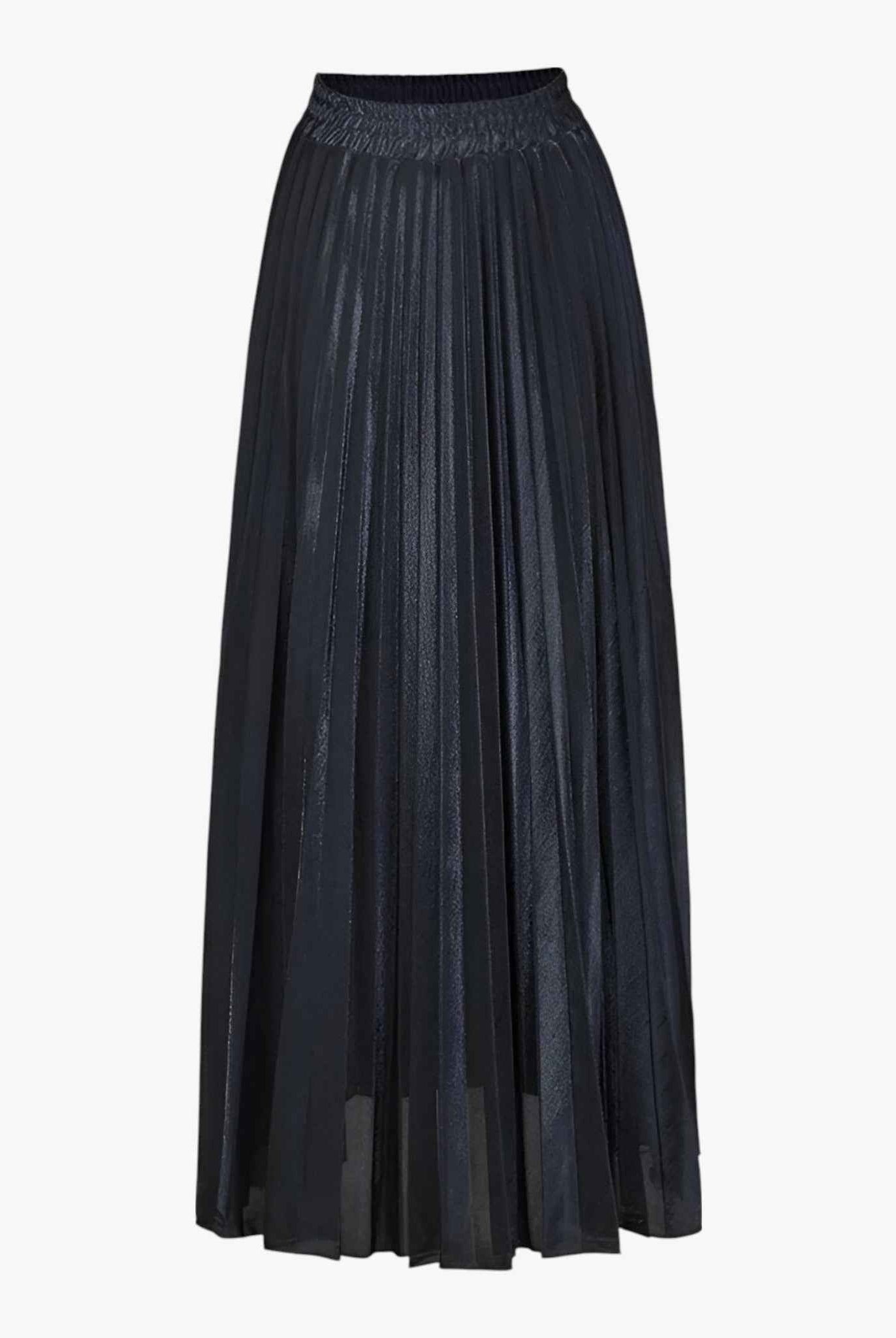 Gold high-waist pleated maxi skirt by Lumina Wear, elegant and flowing with a sophisticated design.