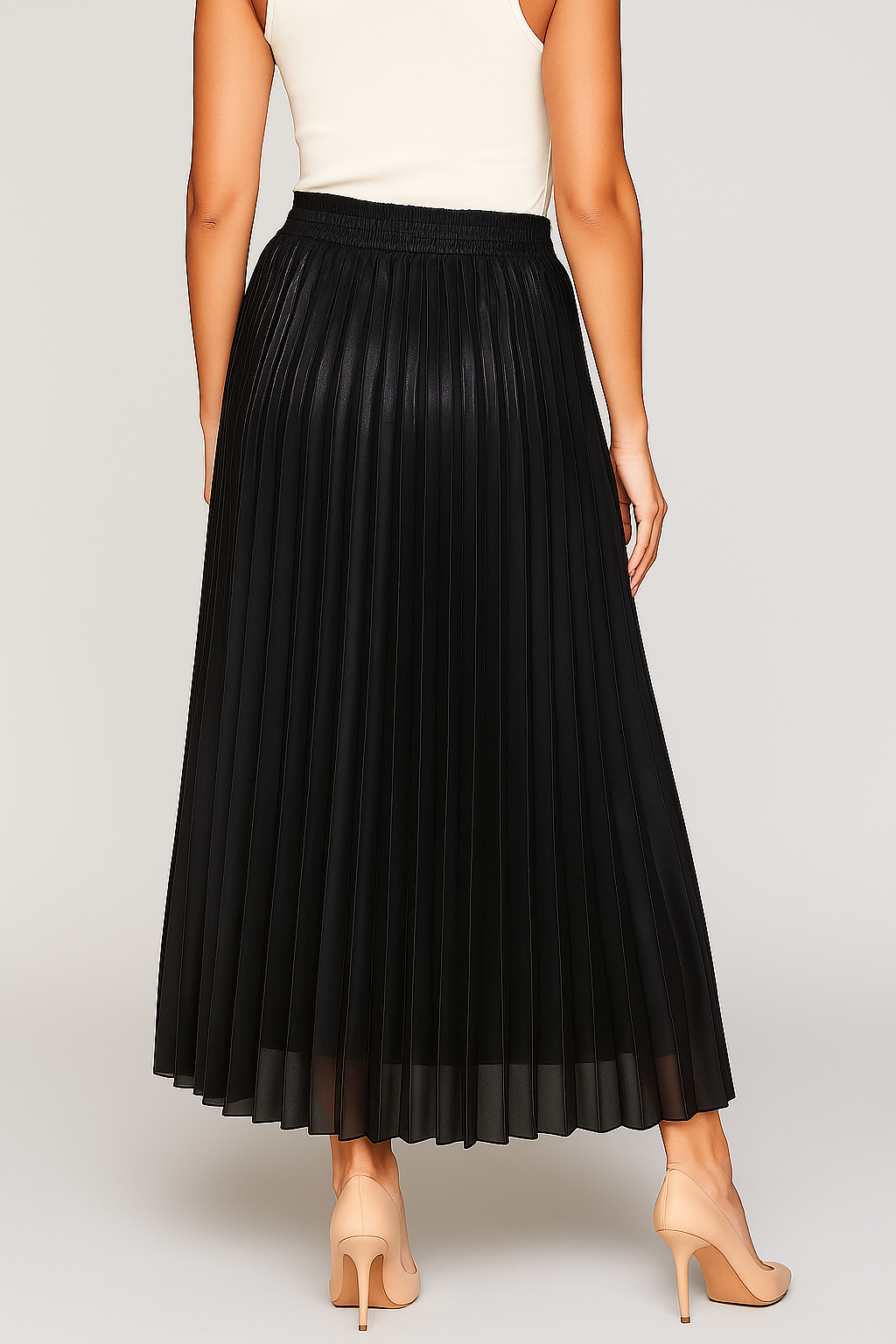 Gold high-waist pleated maxi skirt by Lumina Wear, elegant flowing skirt with a stylish pleated design.