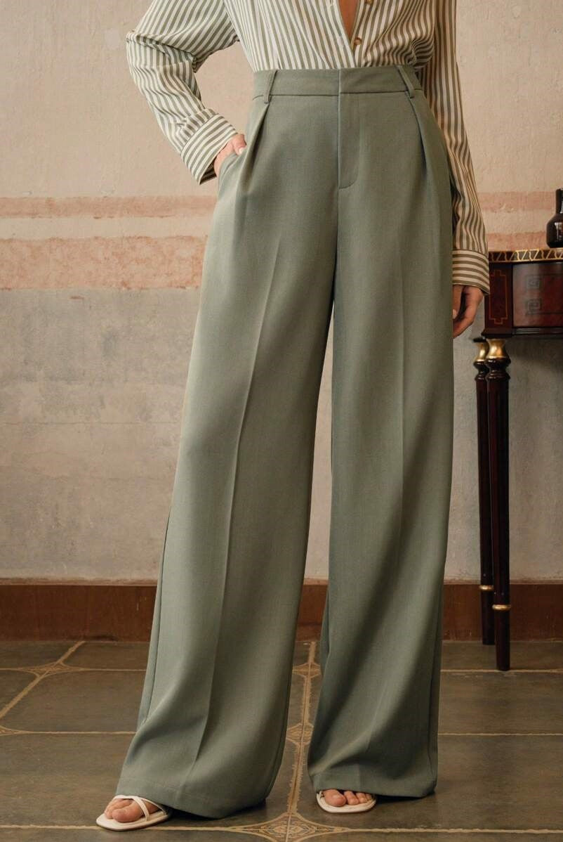 Black Victoria high waist wide leg trousers by Lumina Wear displayed on a model, showcasing a stylish and elegant fit.