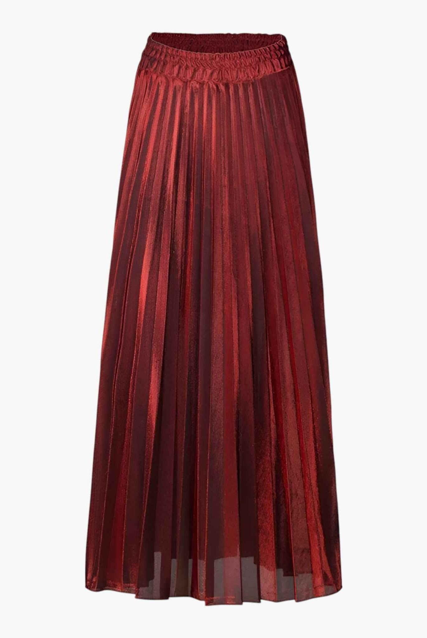 Gold high-waisted pleated maxi skirt for women by Lumina Wear, featuring elegant flowing fabric and a stylish design.