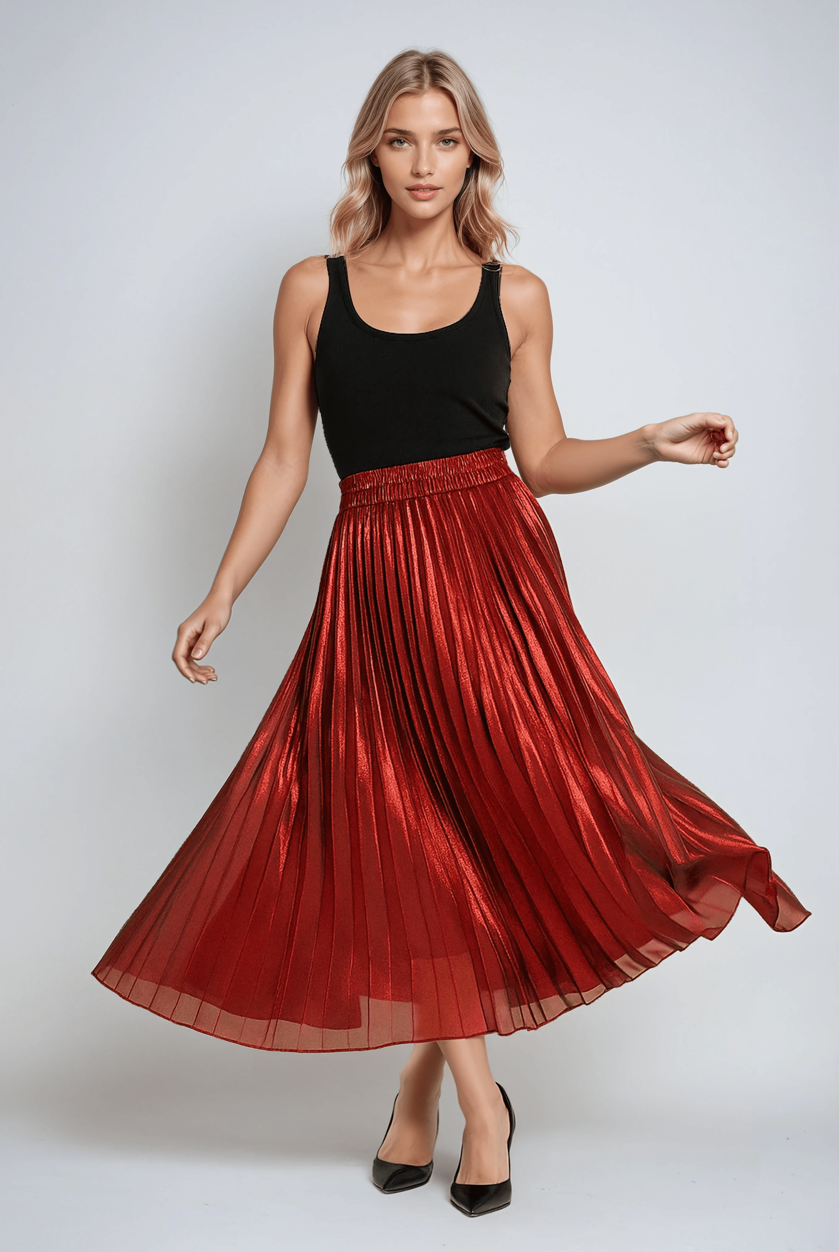 Elegant gold high-waisted pleated maxi skirt for women by Lumina Wear, showcasing flowy fabric and stylish design.