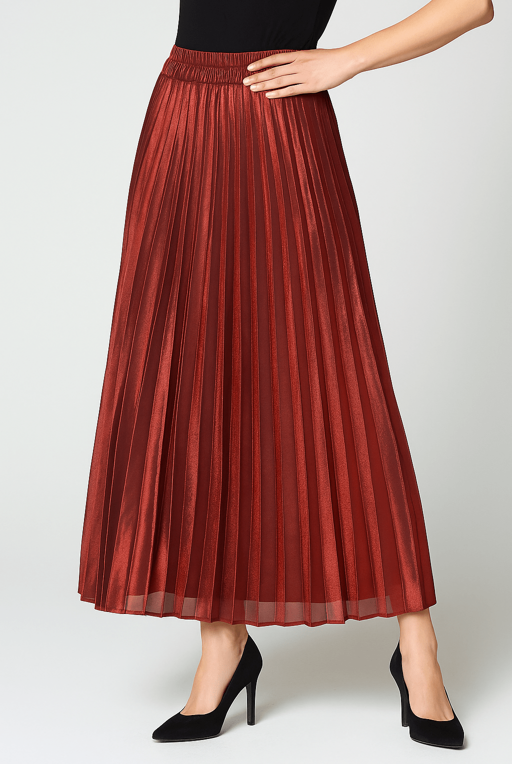Gold high-waisted pleated maxi skirt for women by Lumina Wear, elegant and flowing, perfect for stylish outfits.