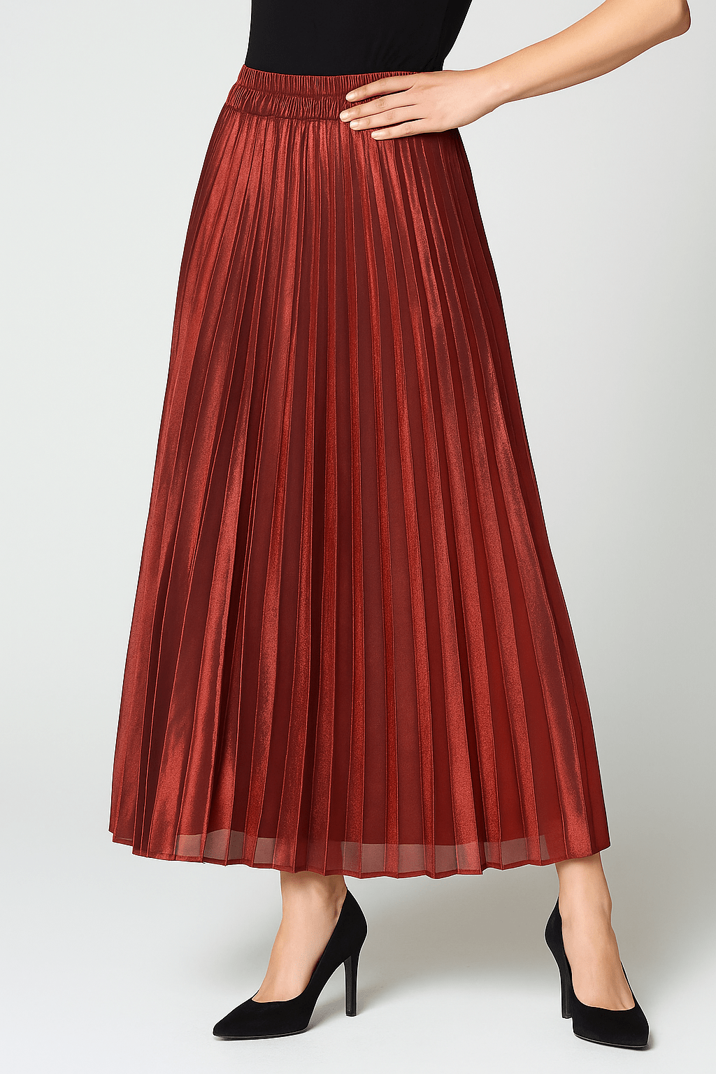 Gold high-waisted pleated maxi skirt for women by Lumina Wear, elegant and flowing, perfect for stylish outfits.