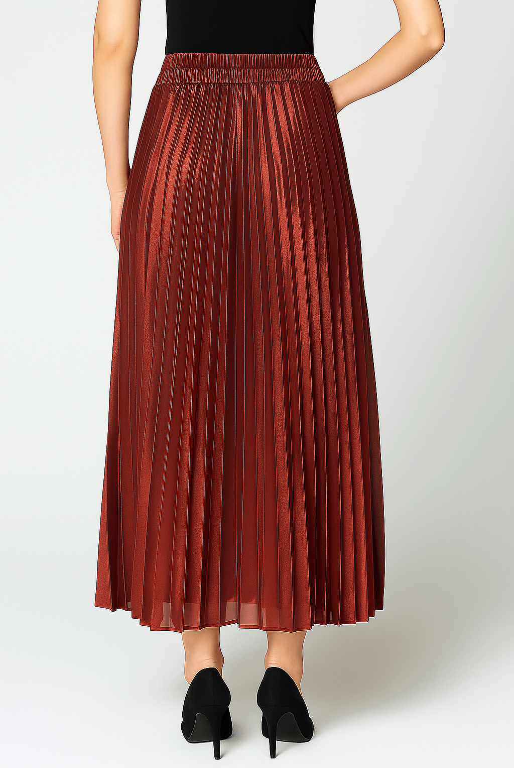 Gold high-waisted pleated maxi skirt for women by Lumina Wear, elegantly flowing with a sophisticated design.
