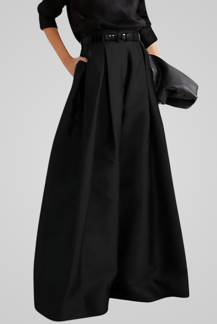 Black Victoria high-waisted trouser skirt with A-line cut by Lumina Wear, stylish and elegant for professional or casual looks.