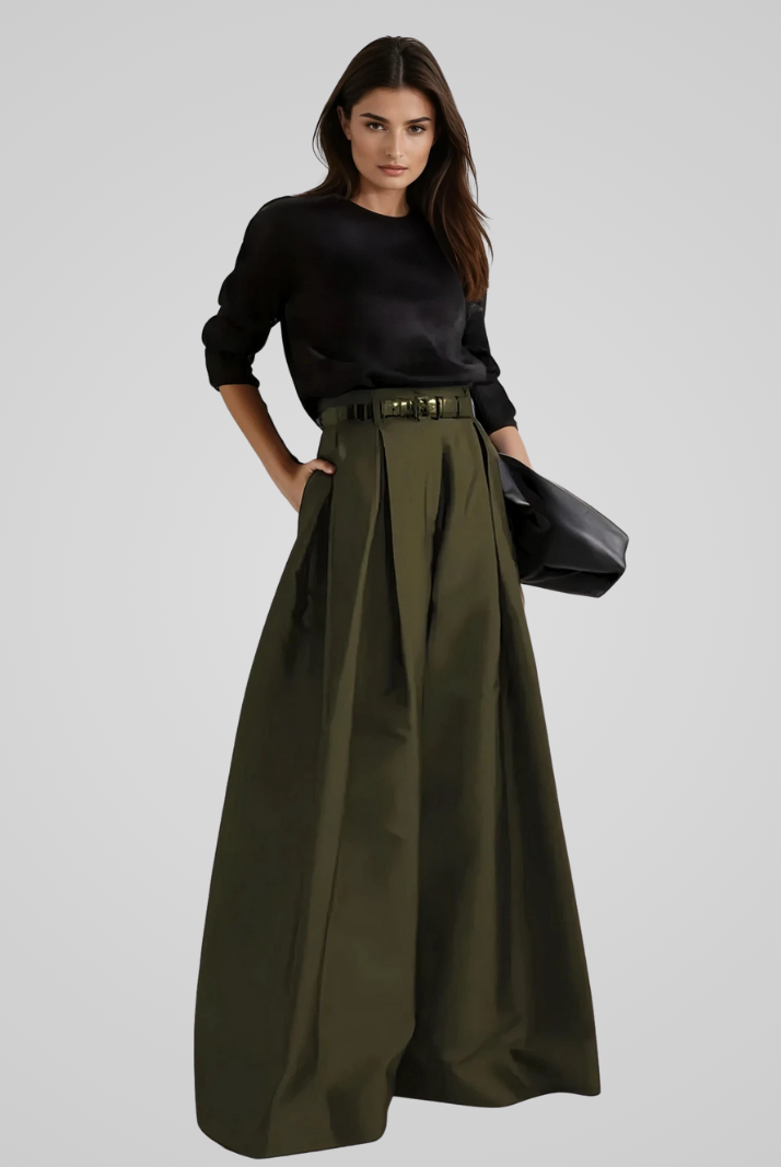 Black Victoria high-waisted A-line trouser skirt by Lumina Wear, tailored fit with sleek, elegant design perfect for stylish office wear.