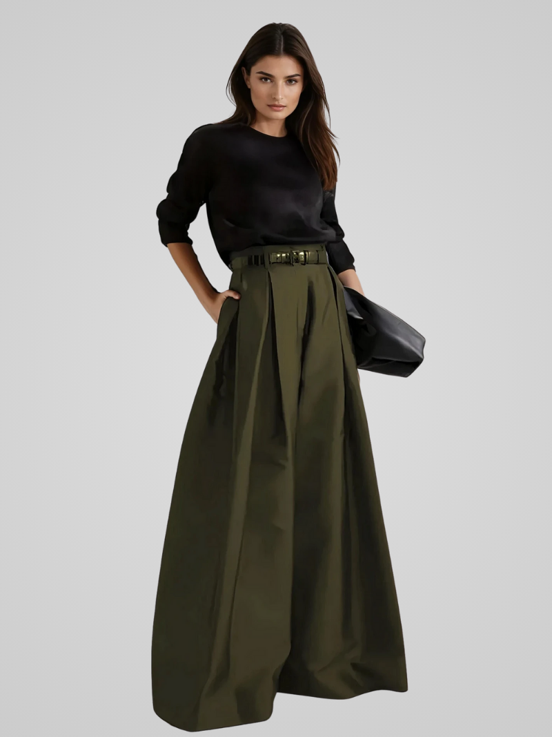Black Victoria high-waisted A-line trouser skirt by Lumina Wear, tailored fit with sleek, elegant design perfect for stylish office wear.