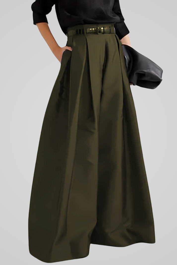 Black Victoria high-waisted trouser skirt with A-line cut from Lumina Wear, stylish and elegant for sophisticated looks.