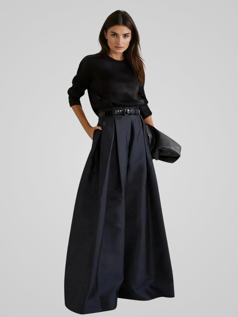 Black Victoria Lumina Wear high-waisted trouser skirt with A-line cut, stylish and elegant for sophisticated office or casual wear.