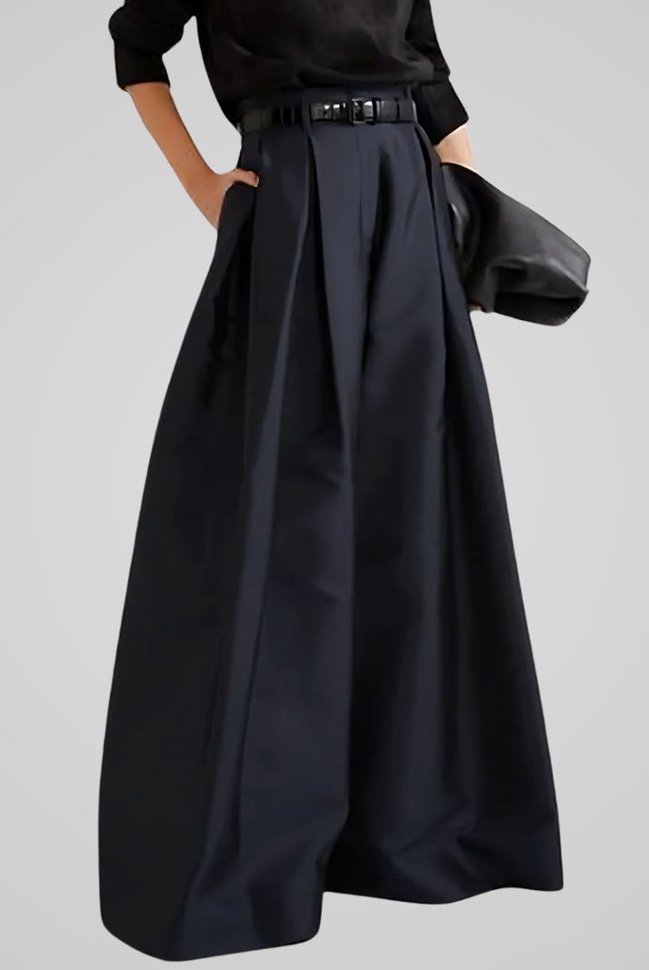 Black Victoria high-waisted trouser skirt with A-line cut by Lumina Wear, showcasing its tailored fit and elegant style.