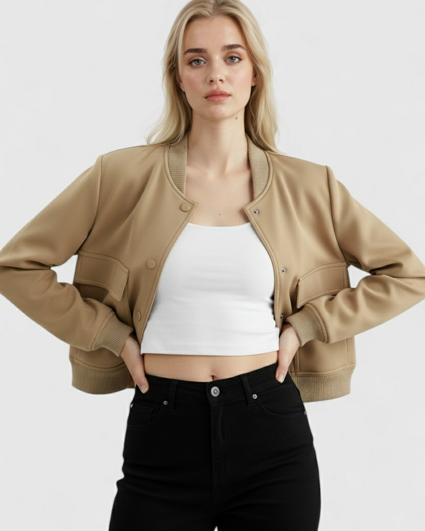 Victoria Lumina Wear khaki bomber jacket with a loose fit and elegant style, shown on a model.