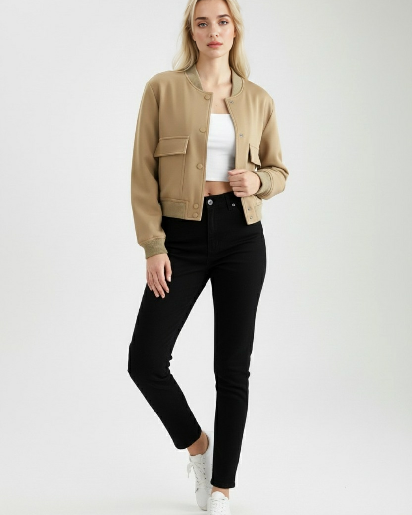 Victoria Lumina Wear khaki bomber jacket with loose fit, stylish and elegant, shown on a model in this product image.