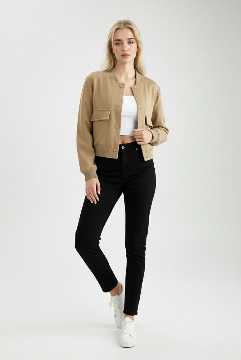 Victoria Lumina Wear khaki bomber jacket with a loose fit, stylish and elegant, shown on a model with minimal accessories.