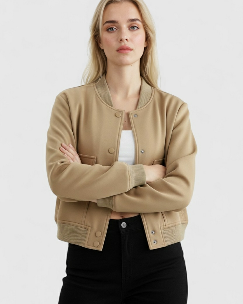 Victoria Lumina khaki bomber jacket with loose fit, stylish and elegant, shown on a model in a natural outdoor setting.