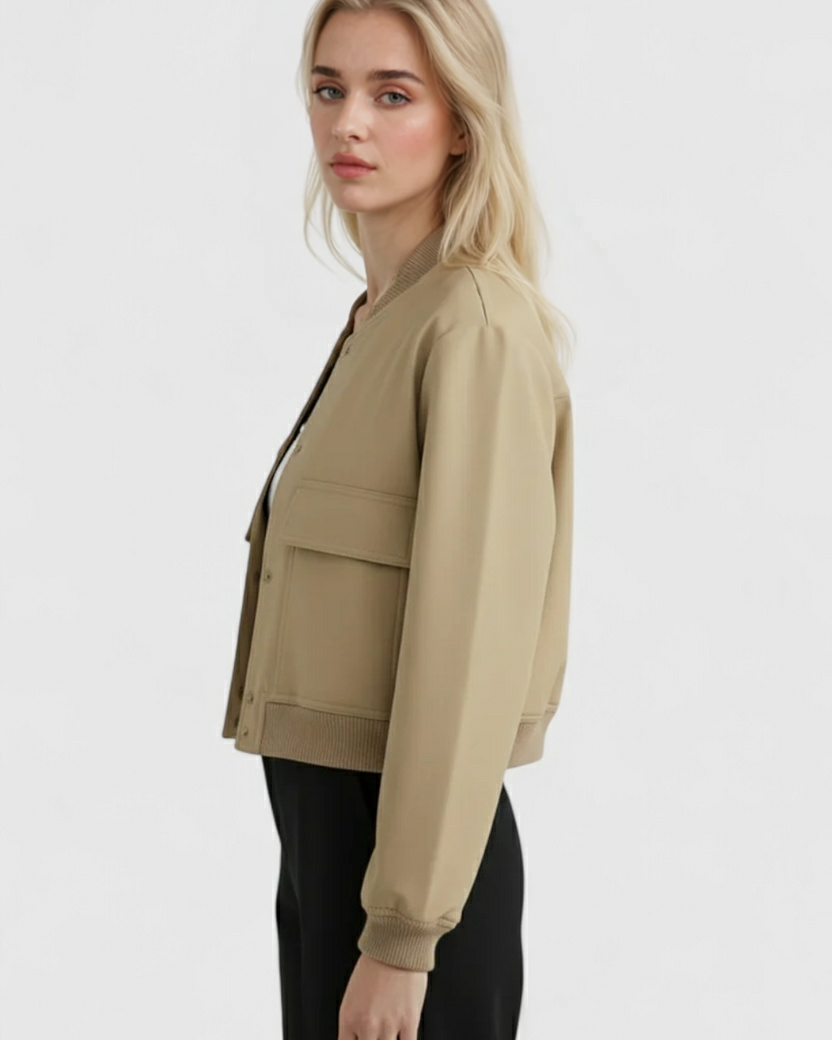 Victoria Khaki Bomber Jacket by Lumina Wear, loose fit, stylish casual jacket with elegant design in khaki color.
