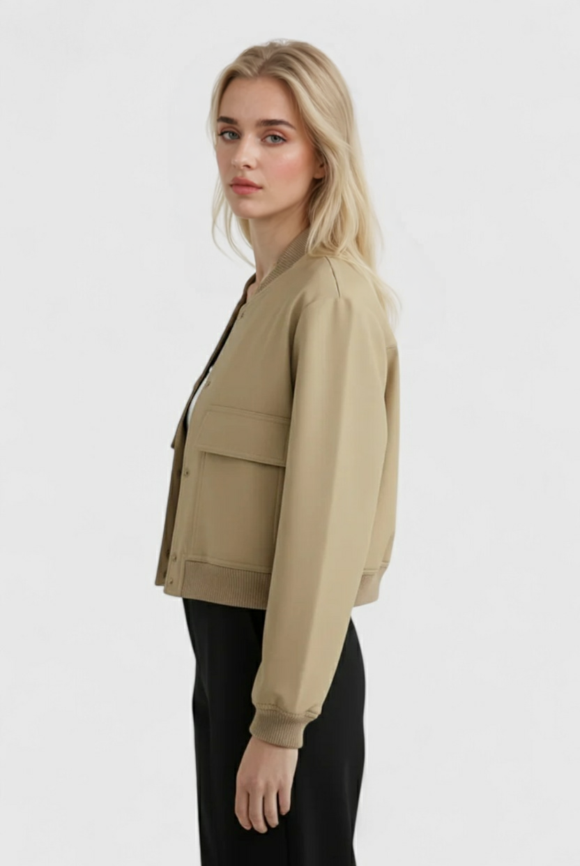 Victoria Khaki Bomber Jacket by Lumina Wear featuring a loose fit and elegant style, shown in a natural khaki color.