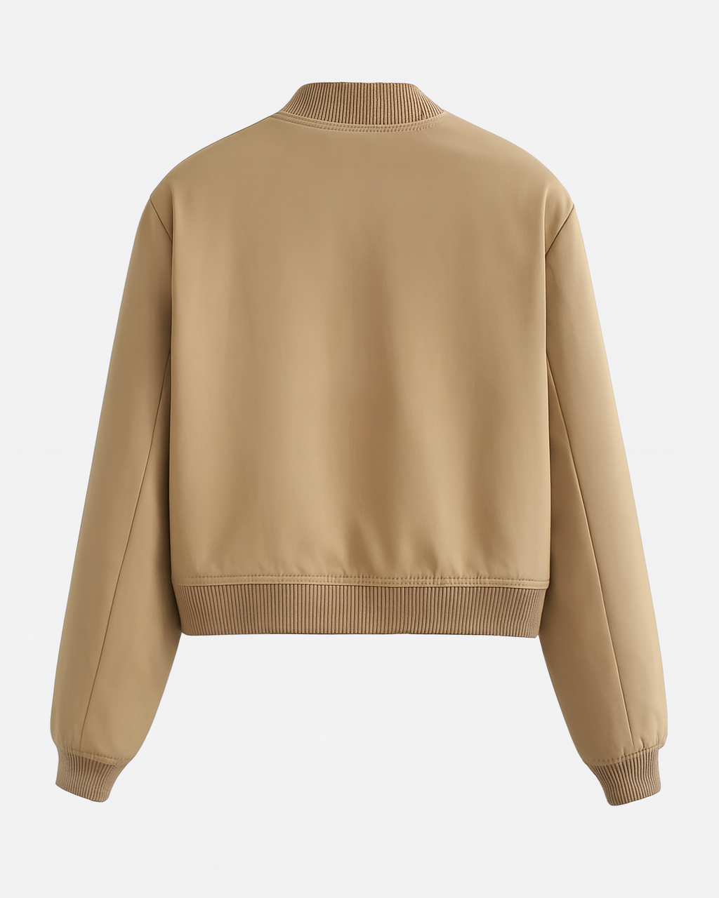 Lumina Wear Victoria khaki bomber jacket with a loose fit, stylishly displayed on a hanger, showcasing its elegant design and fabric.