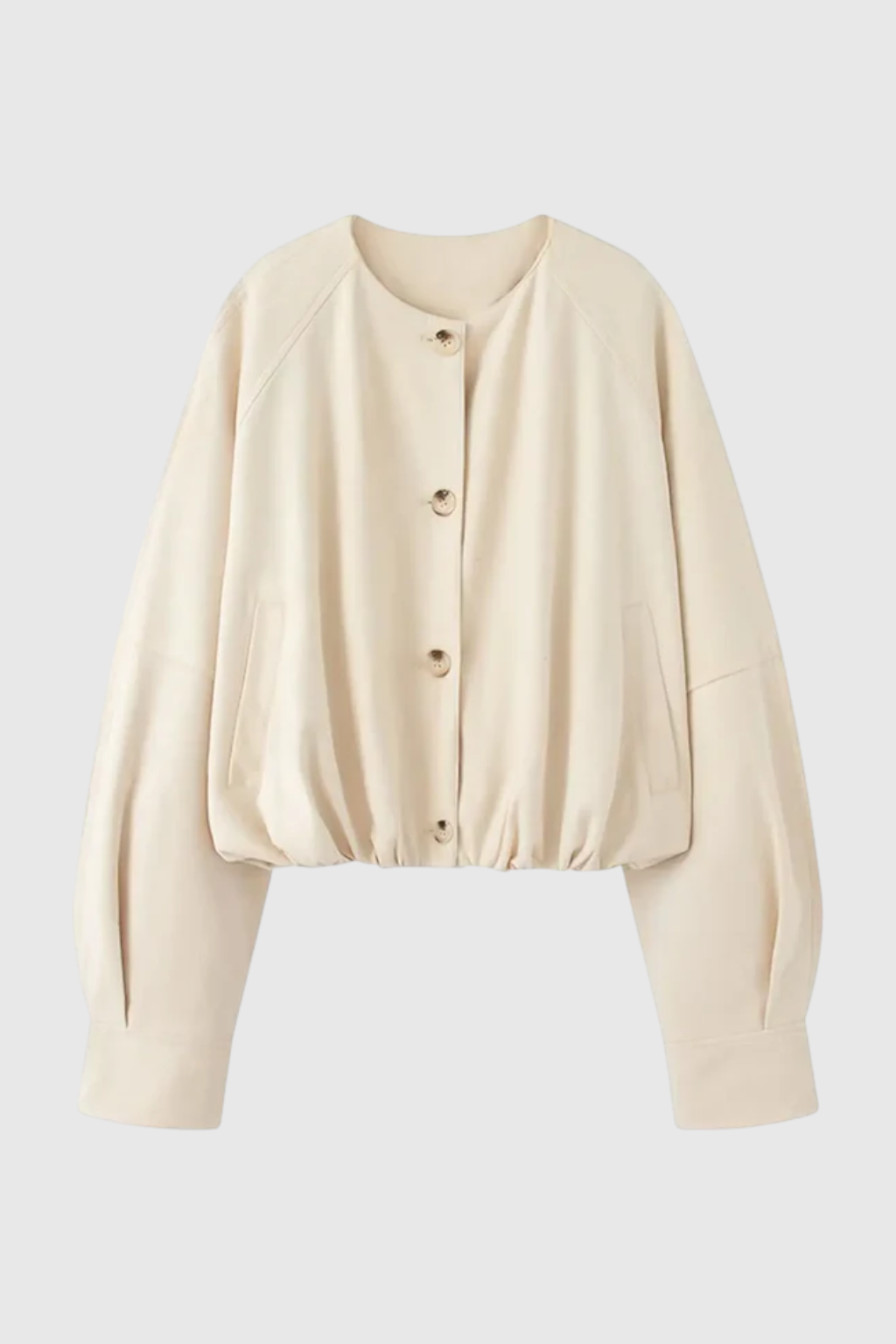 Lumina Wear Victoria khaki short jacket with O-neck and long sleeves, stylish women's jacket perfect for casual wear.