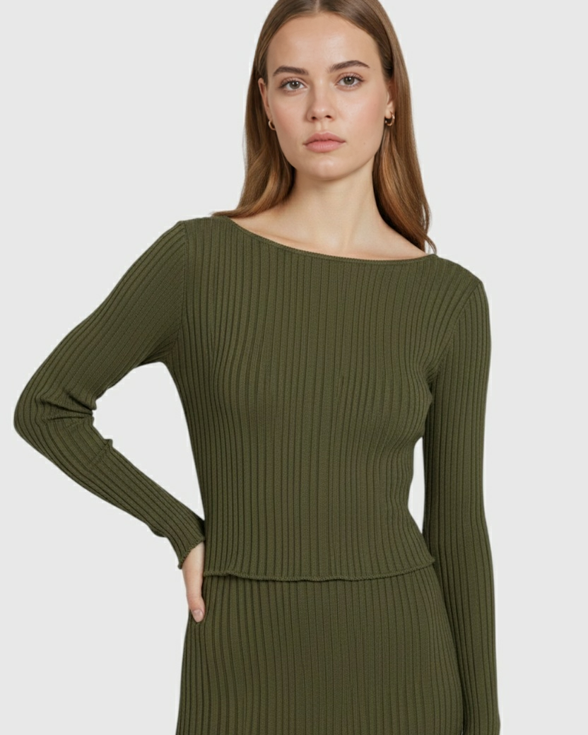 Lumina Wear Victoria elegant knitted maxi skirt set, featuring a flattering fit, styled on a woman for a sophisticated look.