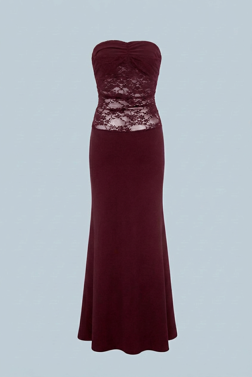 Wine red Victoria wedding dress by Lumina Wear featuring elegant lace, mermaid silhouette, and a corset back.