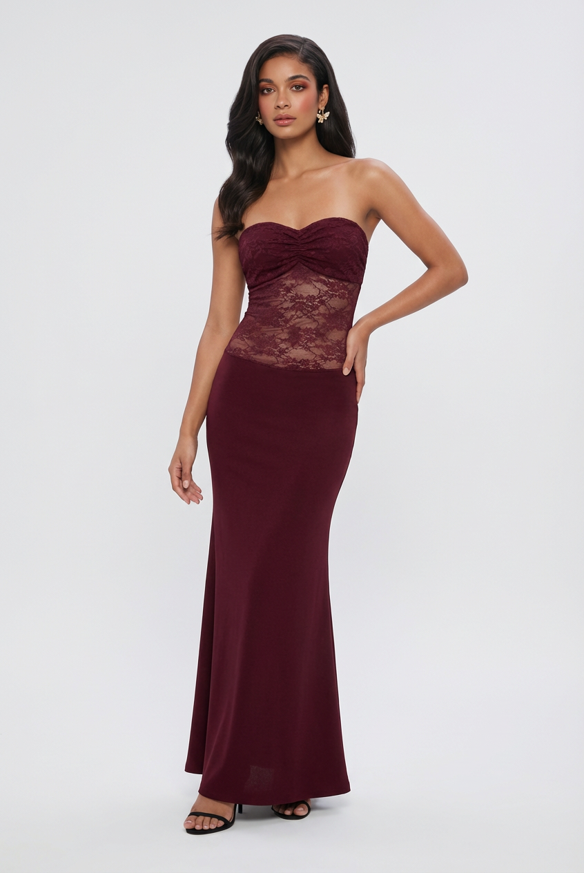 Wine red Victoria lace mermaid wedding dress with corset back by Lumina Wear, showcasing intricate lace details and elegant silhouette.