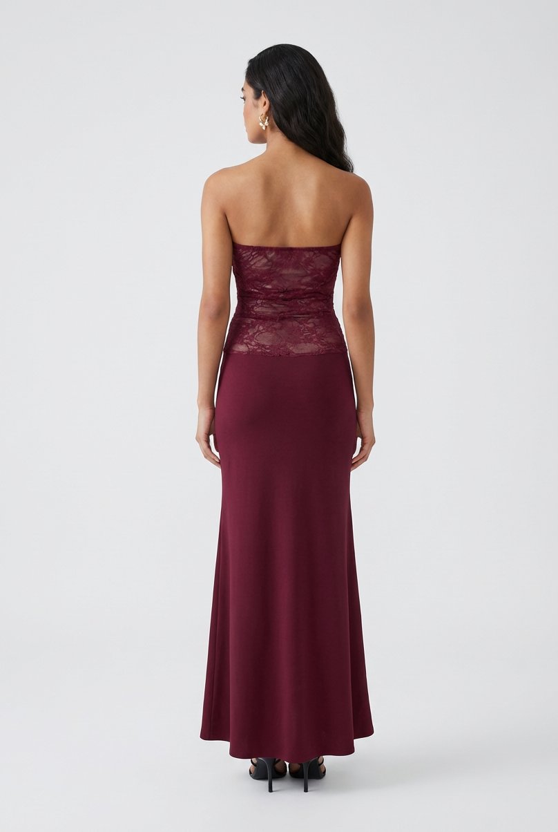 Wine red Victoria wedding dress by Lumina Wear featuring elegant lace, mermaid silhouette, and corset back.