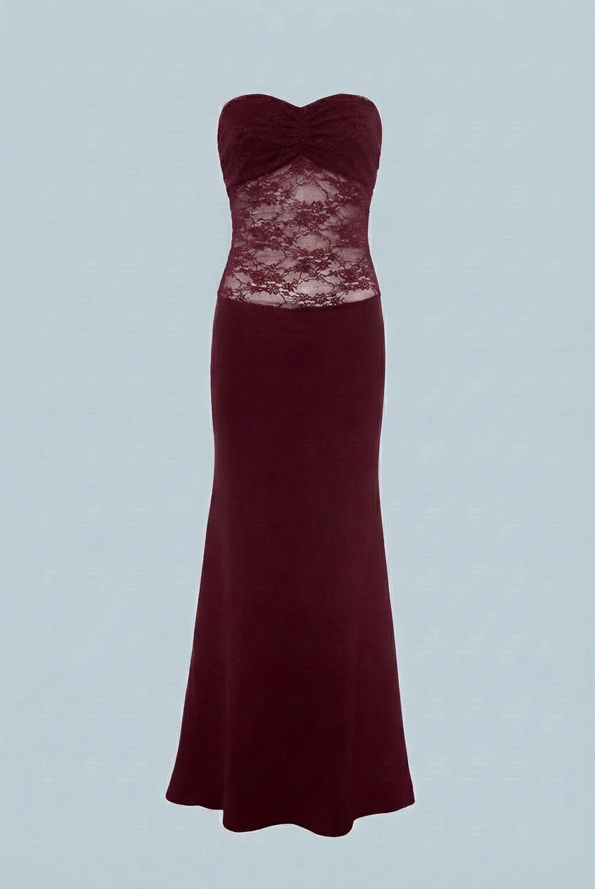 Victoria lace mermaid wedding dress by Lumina Wear featuring a corset back and elegant wine-red lace design.