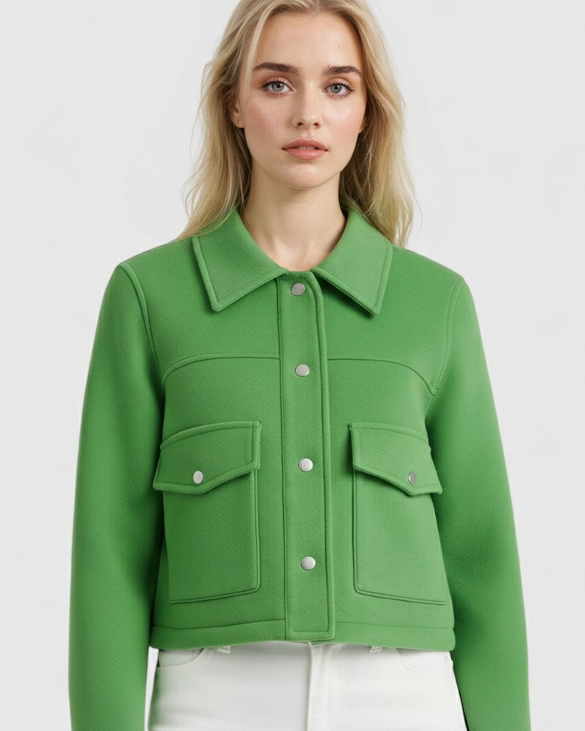 Elegant green long sleeve jacket with button closure from Lumina Wear, featuring a tailored fit and stylish design.