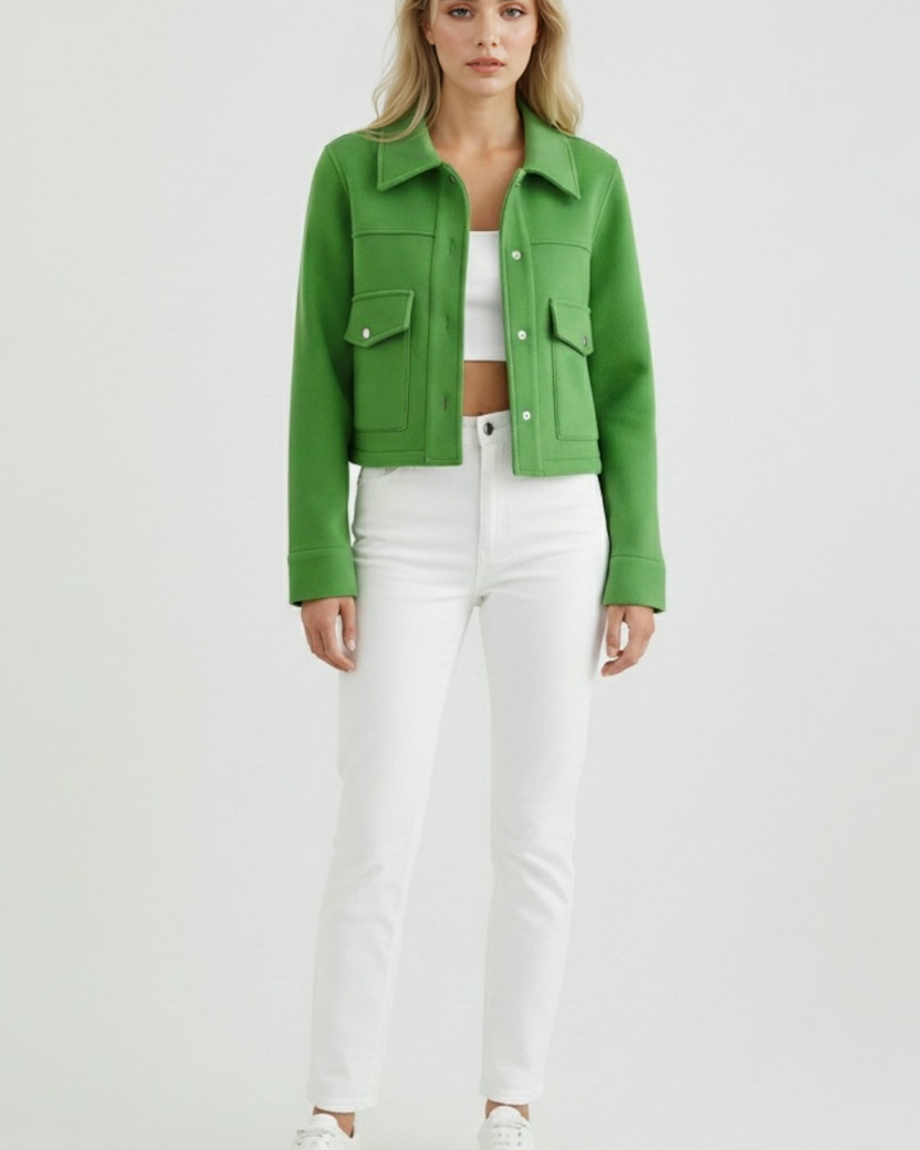Lumina Wear Victoria green long sleeve jacket with button closure, elegant design and tailored fit.