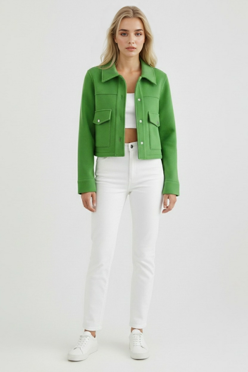Elegant green long sleeve jacket with button closure from Lumina Wear Victoria collection, stylish and tailored for a sophisticated look.