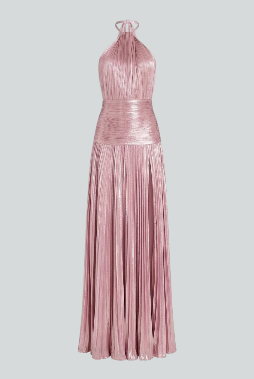 Elegant metallic pink Victoria dress by Lumina Wear, featuring a versatile cut and stylish design for women's fashion.