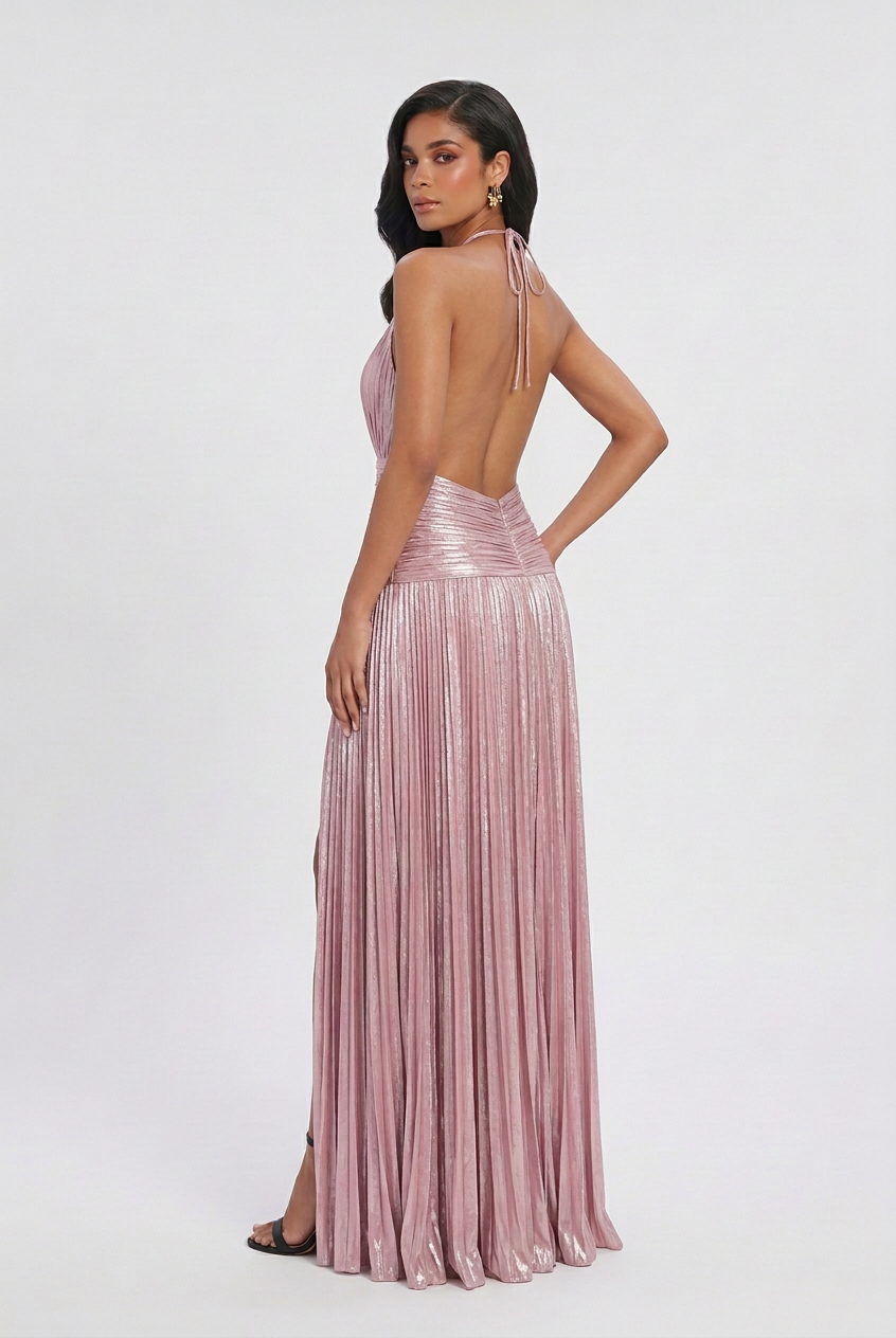 Elegant metallic pink Victoria dress by Lumina Wear, featuring a versatile cut and stylish design for women's dresses.