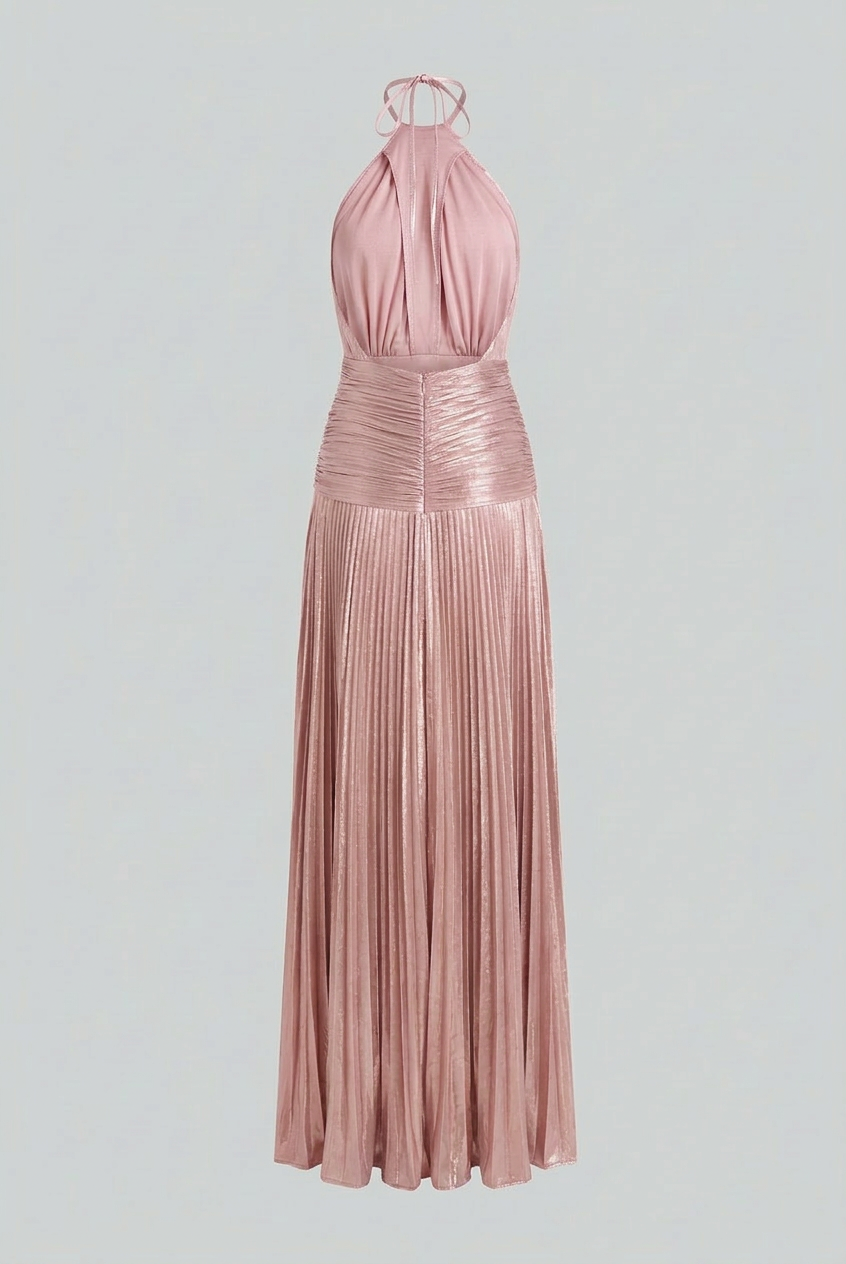 Elegant metallic pink women's dress by Lumina Wear featuring a versatile cut and stylish design, perfect for special occasions.