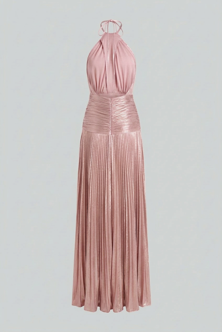 Elegant metallic pink women's dress by Lumina Wear featuring a versatile cut and stylish design, perfect for special occasions.