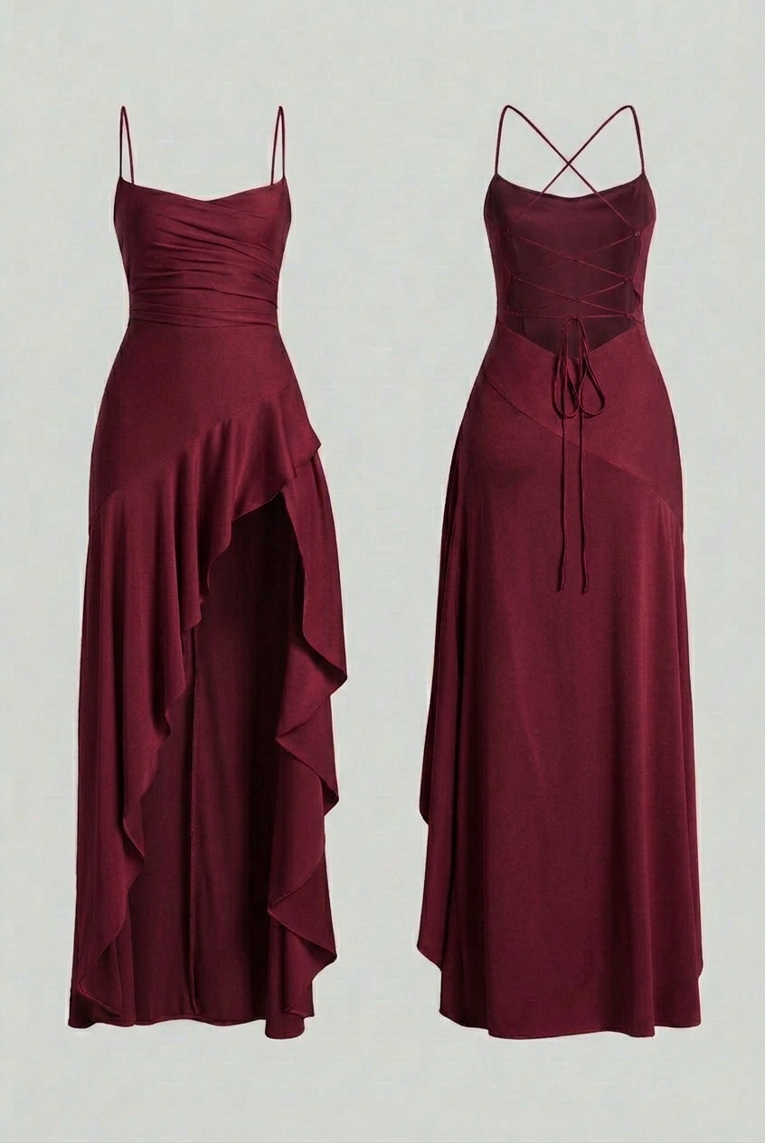 Wine red Victoria elegant midi dress with lace-up back, styled for women by Lumina Wear.