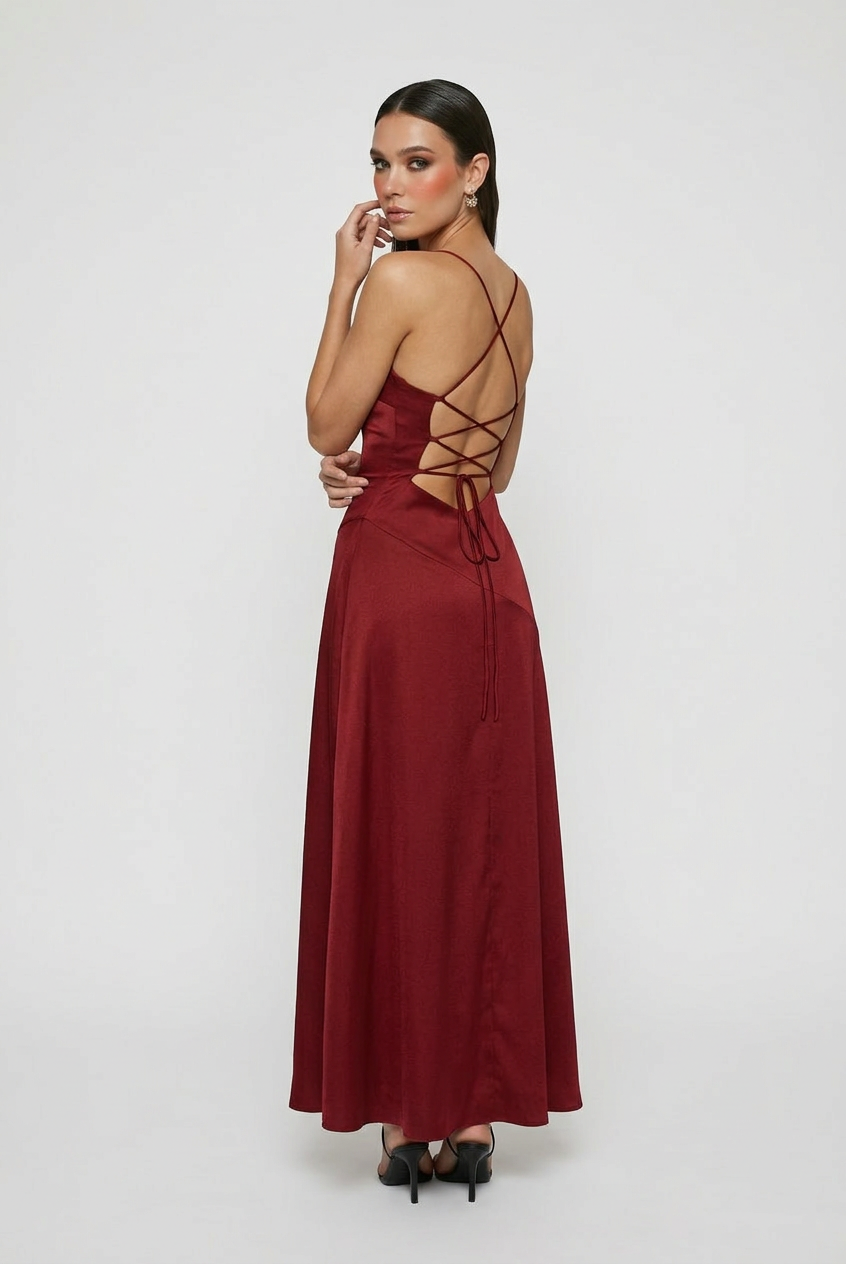 Wine red Victoria elegant midi dress with lace-up back from Lumina Wear, styled on a woman showcasing its sophisticated design.