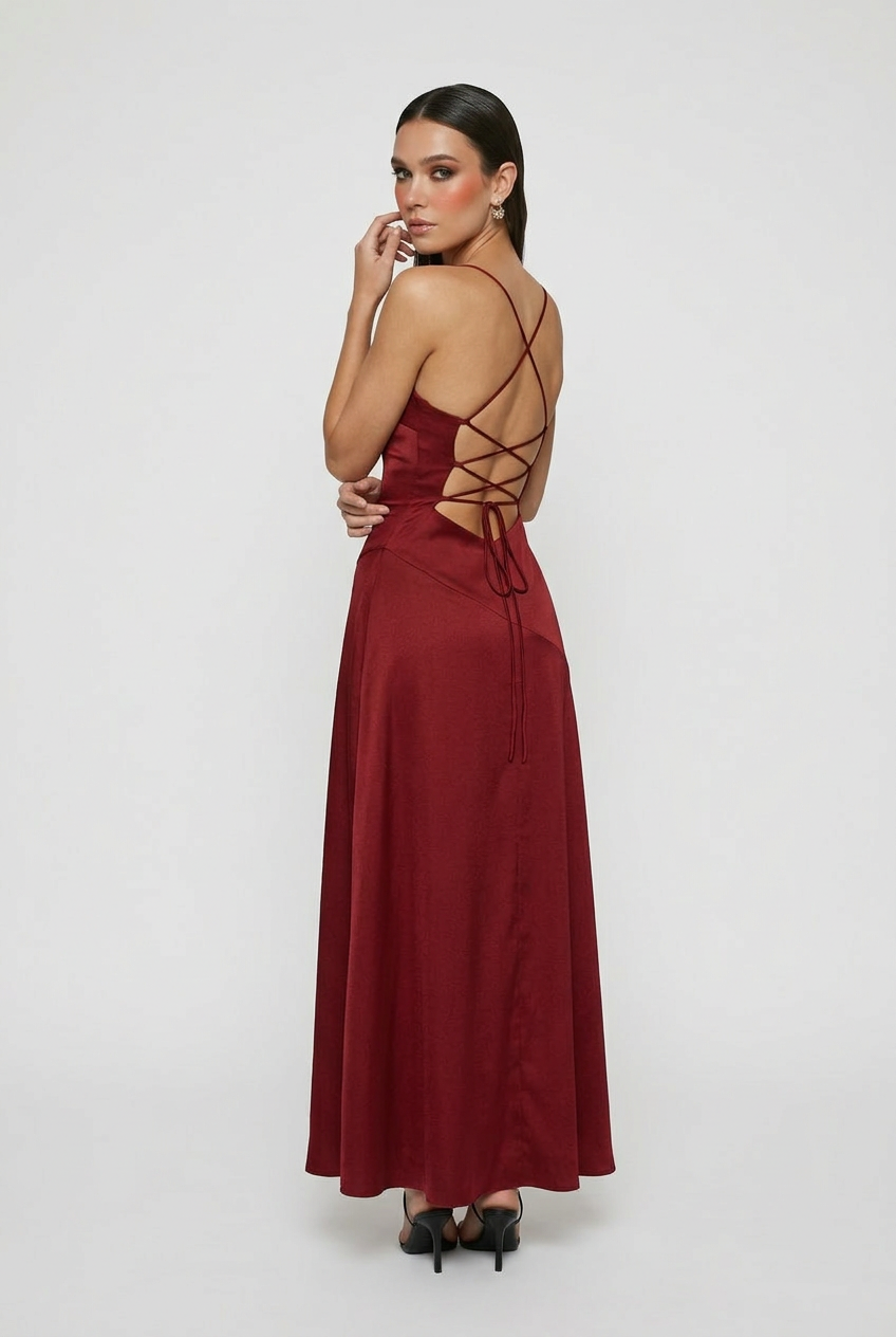 Wine red Victoria elegant midi dress with lace-up back from Lumina Wear, styled on a woman showcasing its sophisticated design.