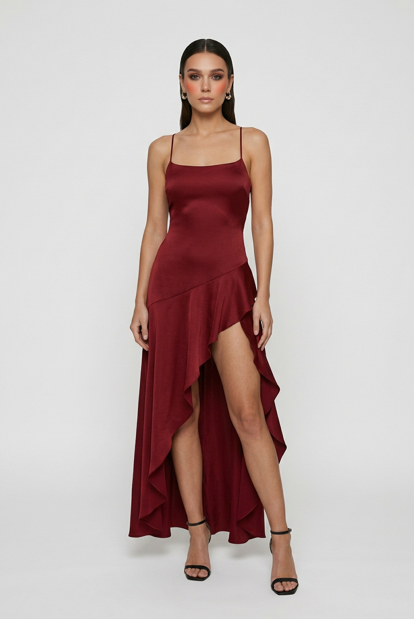 Wine red Victoria midi dress by Lumina Wear with a lace-up back, elegant design, perfect for women's fashion and special occasions.