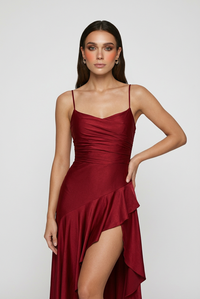 Wine red Victoria elegant midi dress with lace-up back, stylish women's dress by Lumina Wear, perfect for formal occasions.