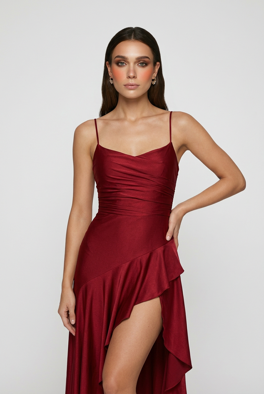 Wine red Victoria elegant midi dress with lace-up back, stylish women's dress by Lumina Wear, perfect for formal occasions.