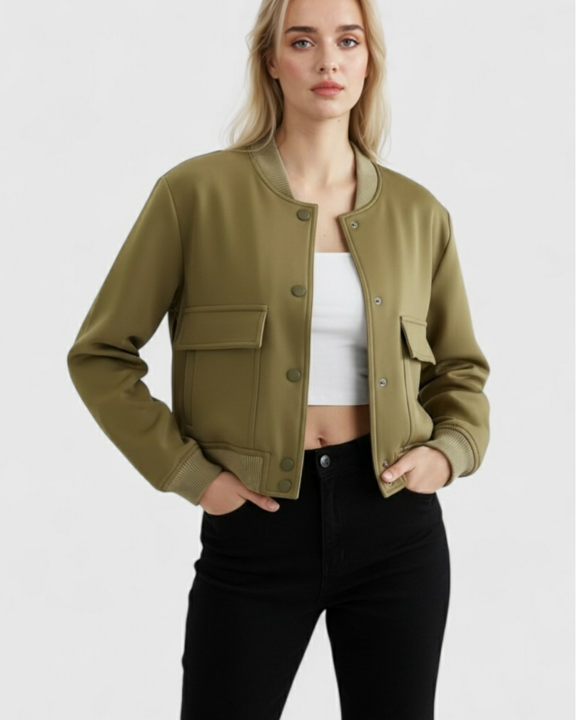 Victoria Lumina Wear military green bomber jacket with a stylish fit, featuring a classic design and comfortable fit.