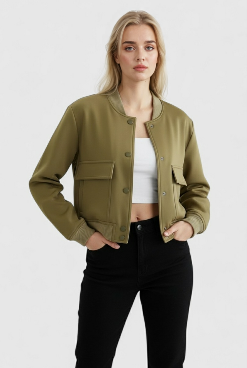 Lumina Wear Victoria military green bomber jacket with a comfortable fit, stylish design, and lightweight fabric.