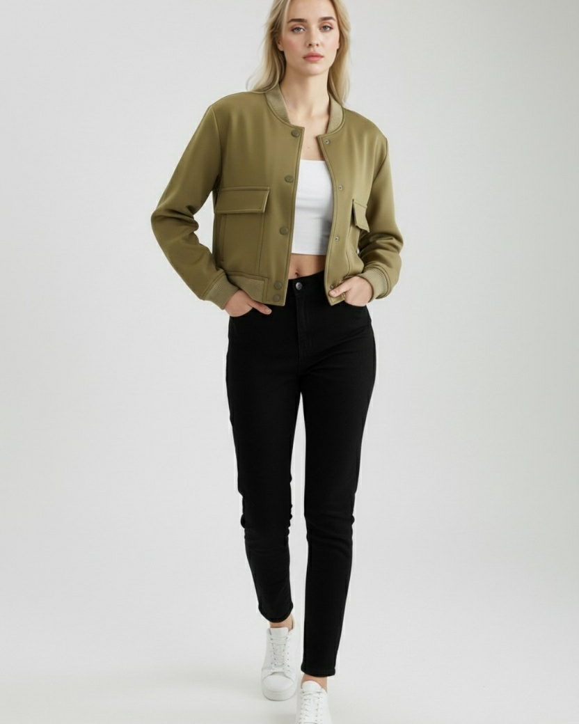 Victoria Lumina Wear military green bomber jacket with a comfortable fit, stylish design, and lightweight fabric.