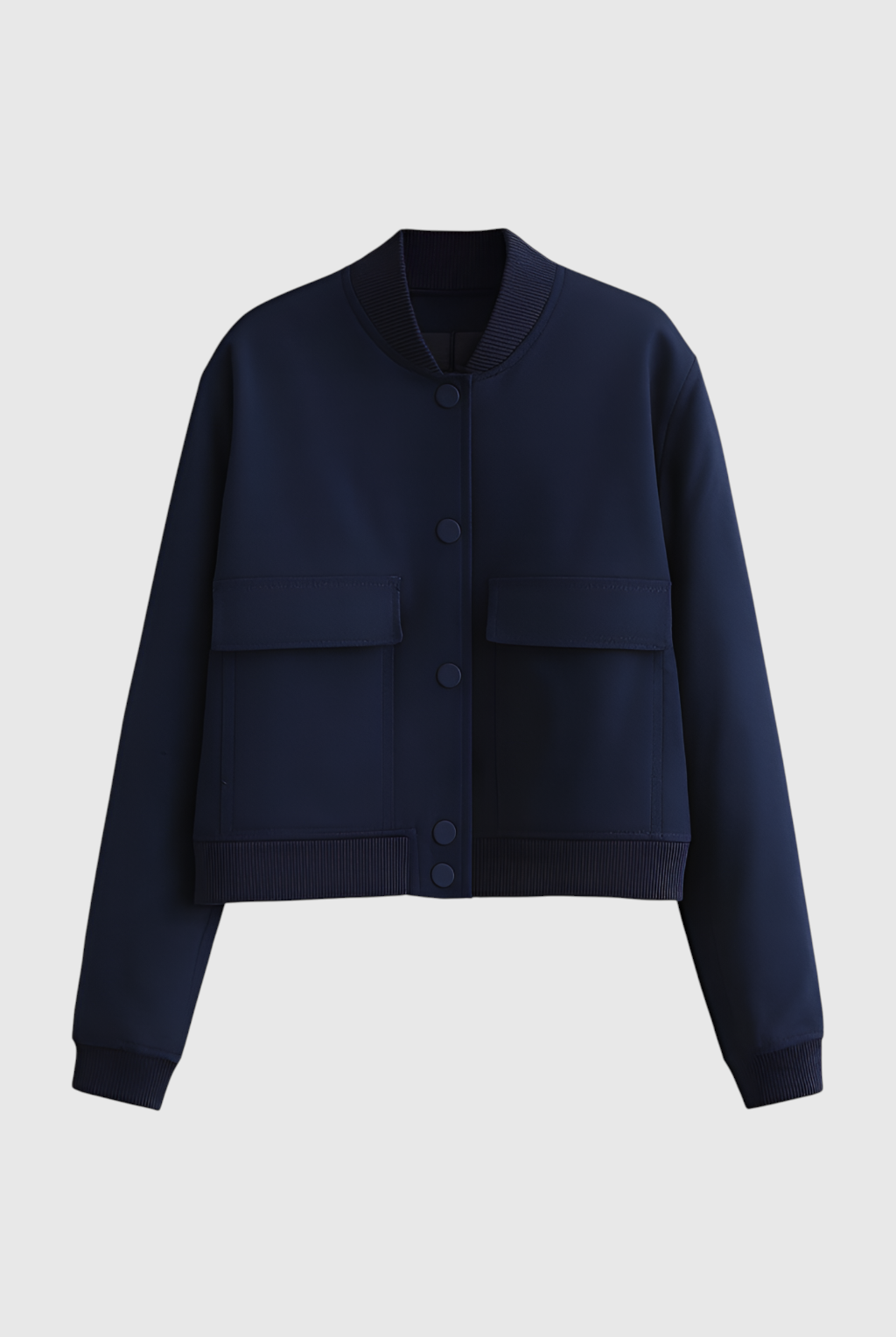 Elegant navy bomber jacket by Lumina Wear featuring timeless design, displayed on a mannequin with zip details and ribbed cuffs.