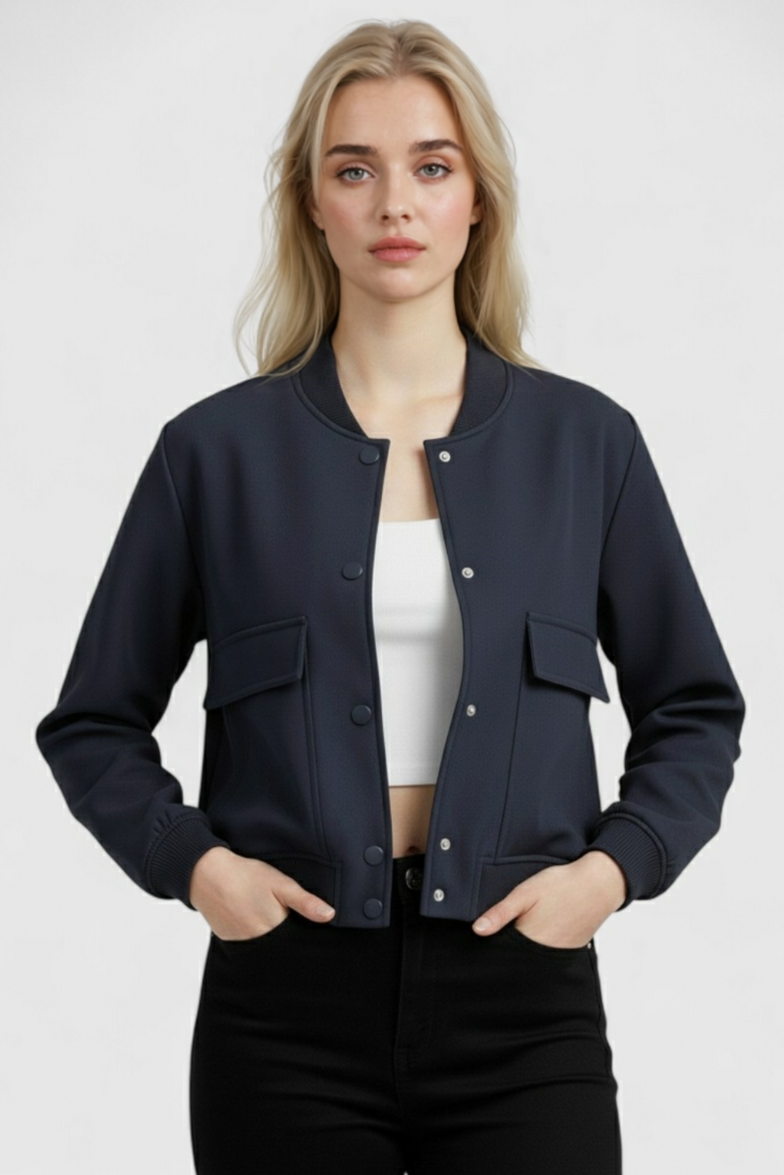 Elegant navy bomber jacket by Lumina Wear, featuring a timeless design and classic fit, shown on a model.
