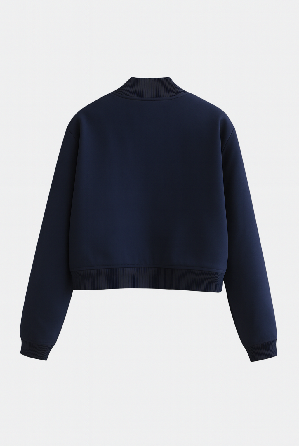 Elegant navy bomber jacket by Lumina Wear featuring timeless design and a modern fit, shown on a model.