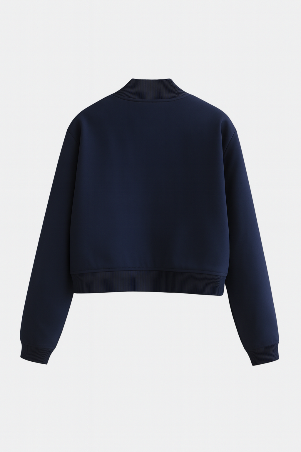 Elegant navy bomber jacket by Lumina Wear featuring timeless design and a modern fit, shown on a model.