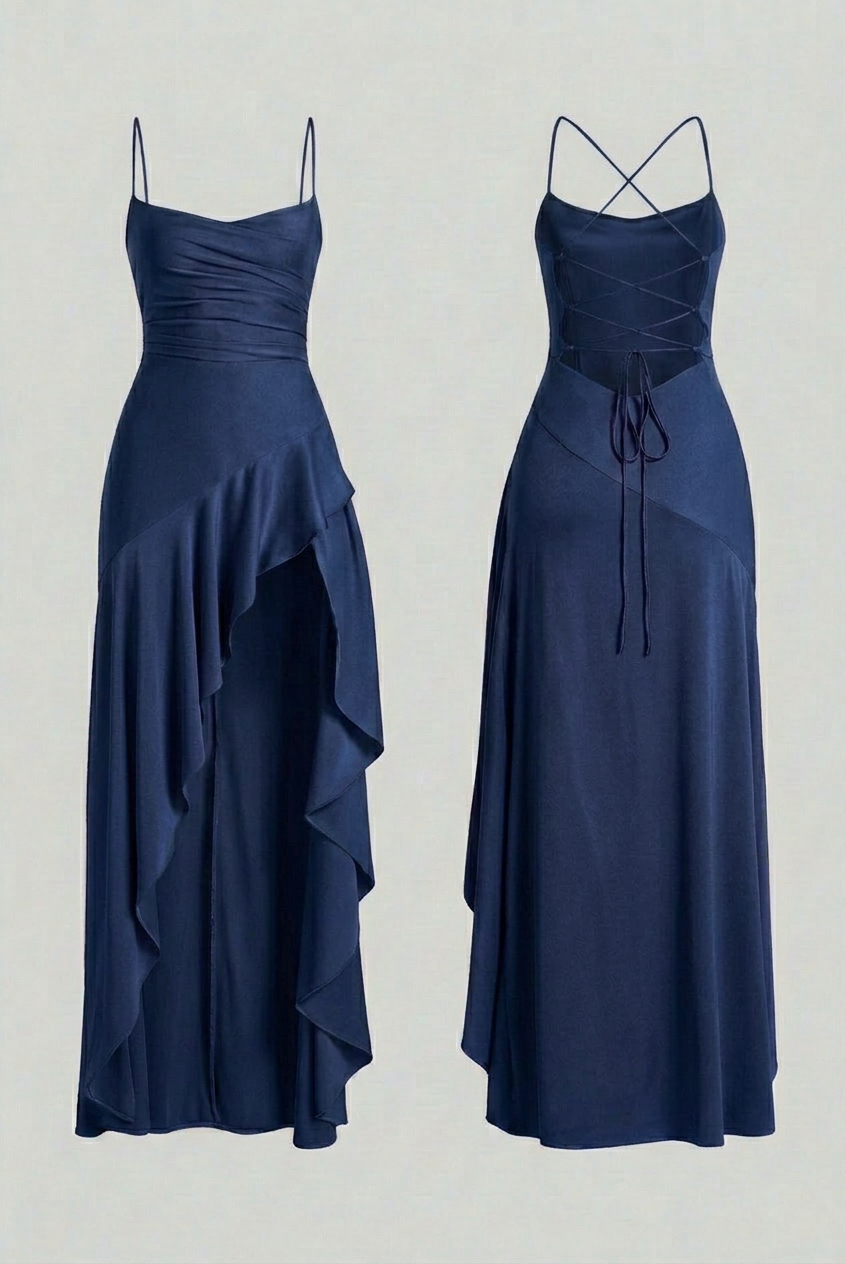 Elegant navy women's dress by Lumina Wear featuring a lace-up back and tailored fit, perfect for stylish occasions.