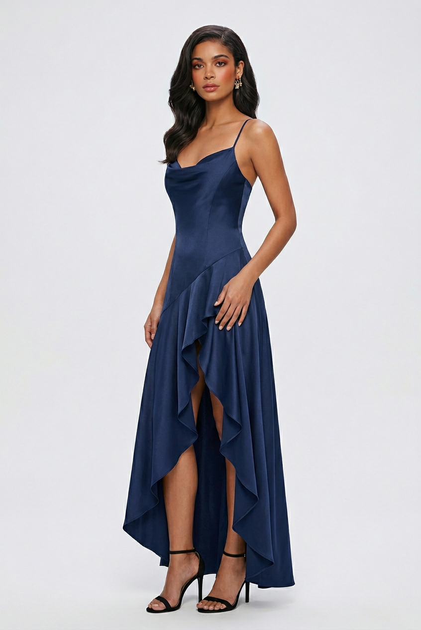Elegant navy women's dress featuring a lace-up back from Lumina Wear, showcased on a model.